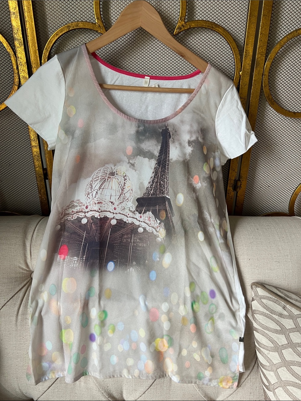 Eiffel Tower Carousel Print Scoop Neck Top — Multicolor